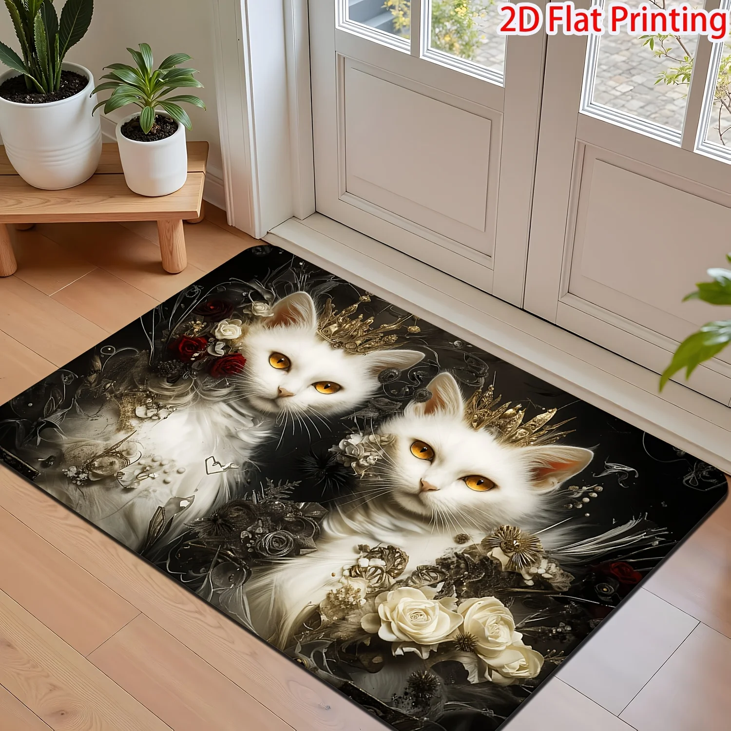 Dramatic Cat Floral Area Rug Black and White Aesthetic Floor Mat for Living Room Home Decor Pet Gift Modern Art Accent Mat