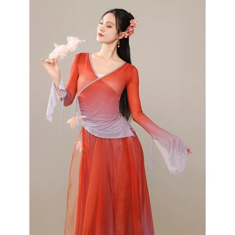 Classical dance clothes new gradual change gauze elegant double trouser skirt Chinese style ancient style performance clothes