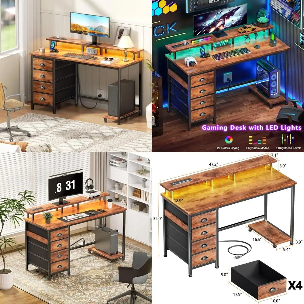 Rustic Brown 47 Desk with 4 Drawers, Monitor Stand, LED Lights, and Power Outlets for Home Office and Gaming in Small Spaces