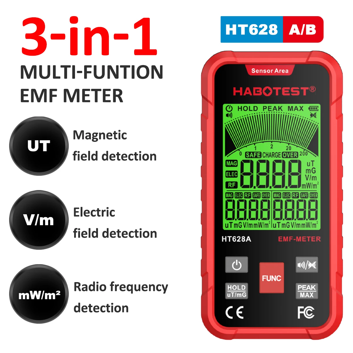 

HT628 EMF Meter 3-in-1 Electromagnetic Radiation Tester Electric Field Magnetic Field RF Radiation Radio Frequency Detector