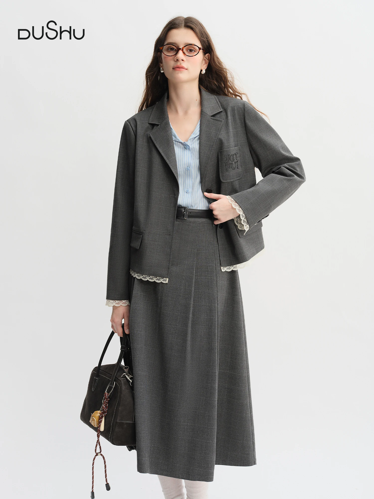 

​DUSHU Autumn 2025 Women's Preppy Style Coordinated Set - Youthful Vibe Blazer & Pleated Skirt Office Casual Two Piece Outfit​