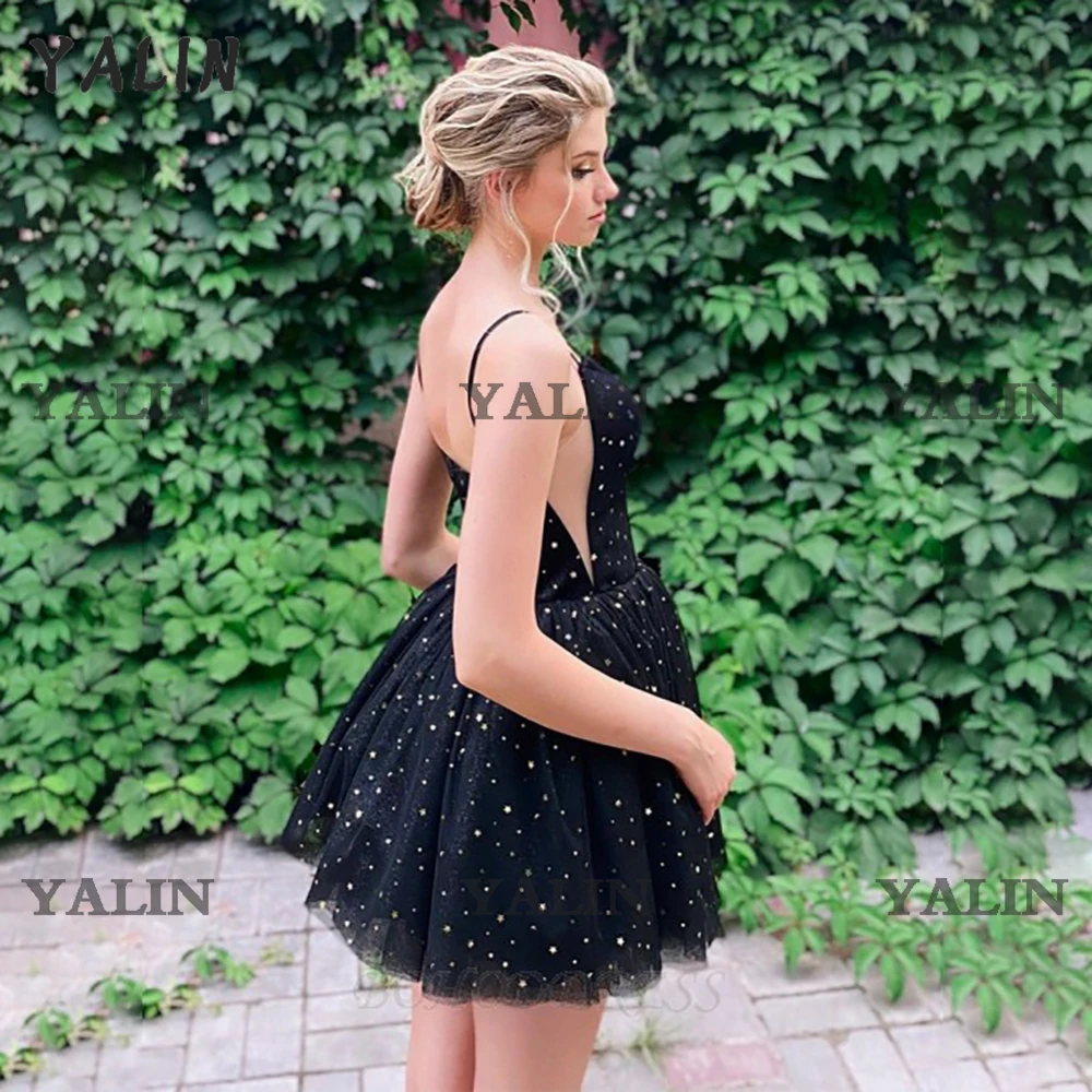 YALIN-minivestido Sexy De Fiesta, prenda De Fiesta con tirantes finos y estrellas brillantes, color negro, hecho por el cliente