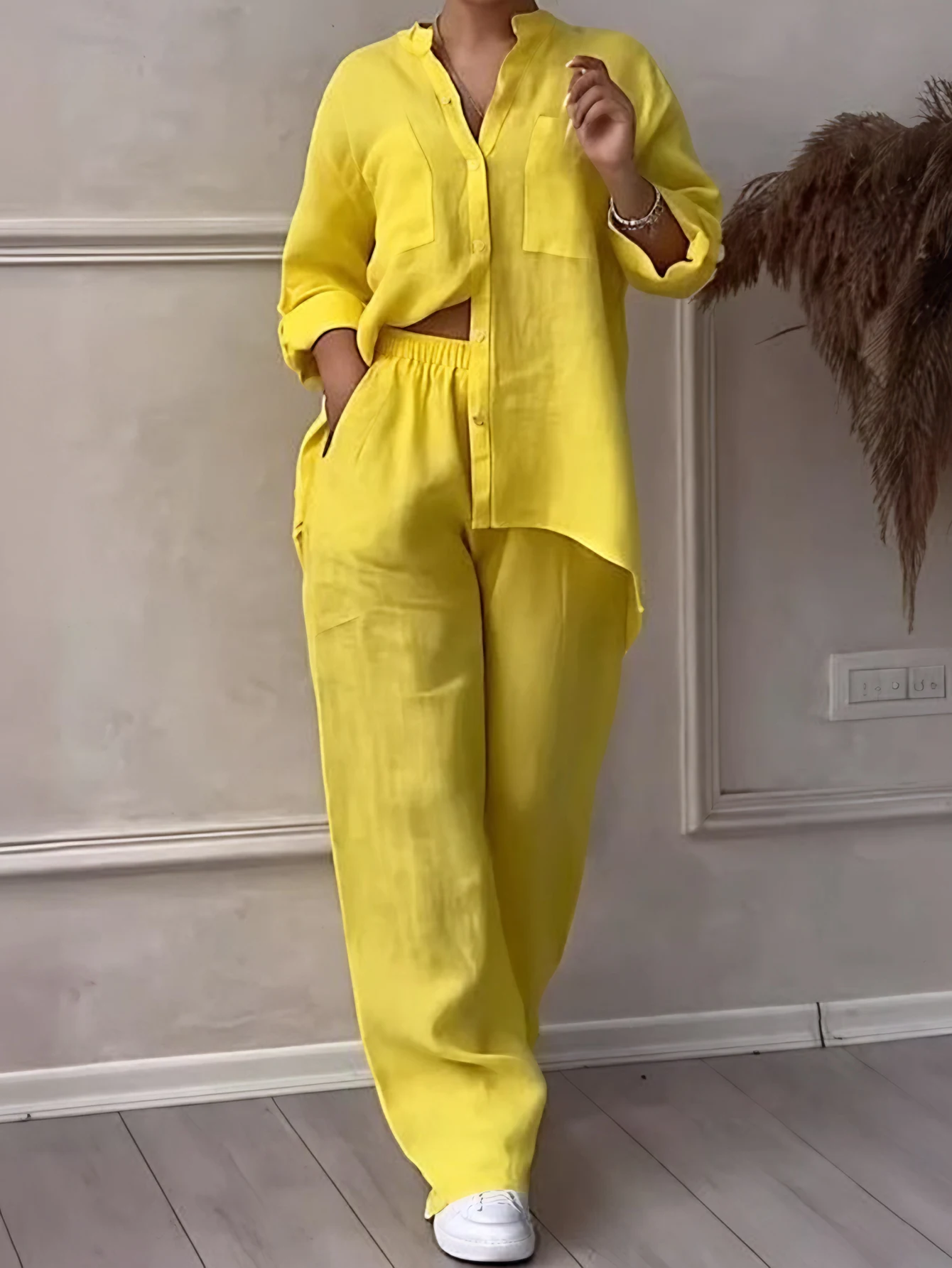 レディースカジュアル長袖ボタンフロントスタンドカラーレースアップパンツセットベーシックプレーンデイリーアウトフィット秋冬用