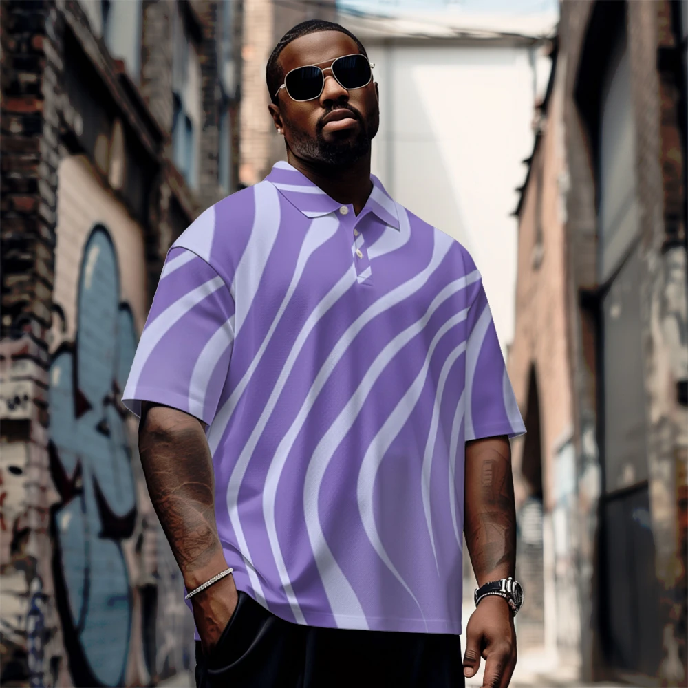 

Large men's summer short sleeved lapel Purple stripe printed short shirt Daily casual button polo shirt