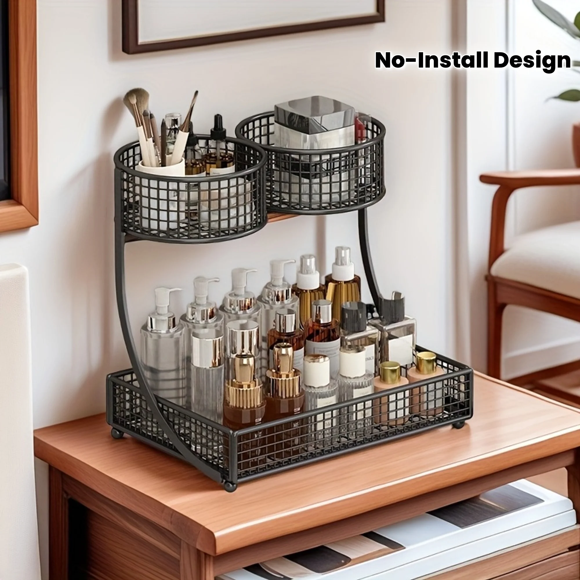 

2-Tier Black Metal Cosmetic Organizer, No Assembly Required Makeup Storage Rack for Bathroom Vanity, Skincare & Beauty Product