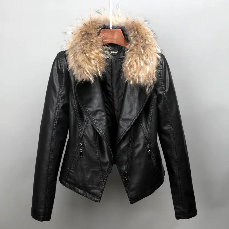 Veste en cuir de loisirs simple pour femme, manteau à col en fourrure de raton laveur, plus coton, optique courte, manteau fin lavé, automne, hiver, nouveau, 2023