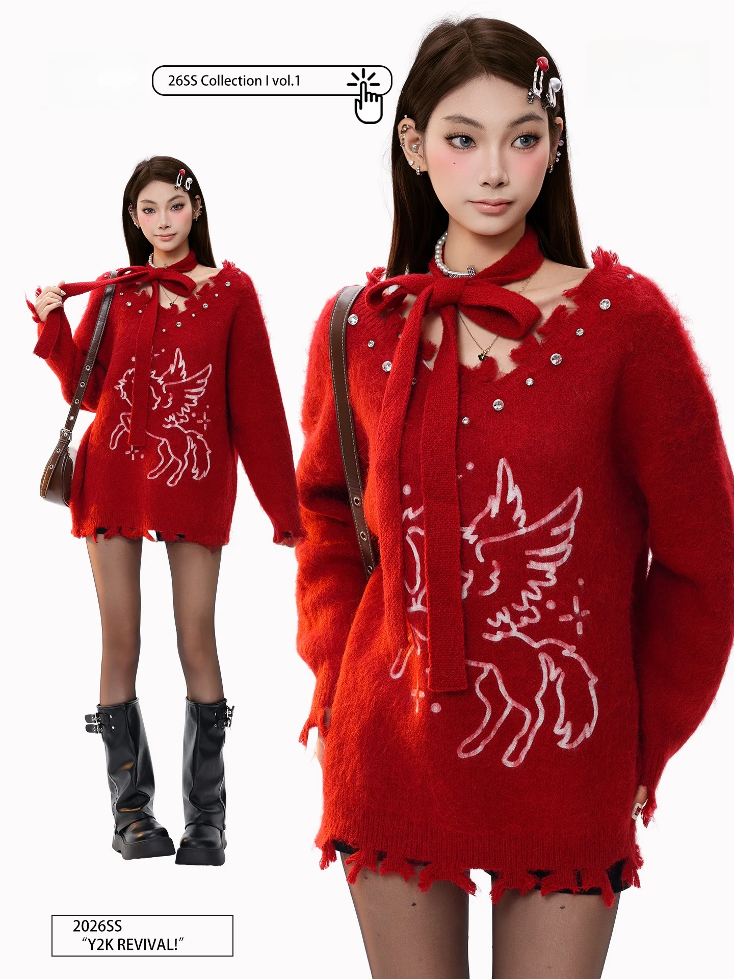 

PBB American Retro Knitted Sweater Women's Distred V-ne 3D Rhinestone Red Year Outerwear Winter Street Sle