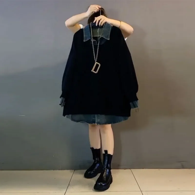

Large Size Collar Loose Fit Sweatshirt Women's Denim Patchwork Thin Outerwear Fashionable Commute High Waist Straight Cut