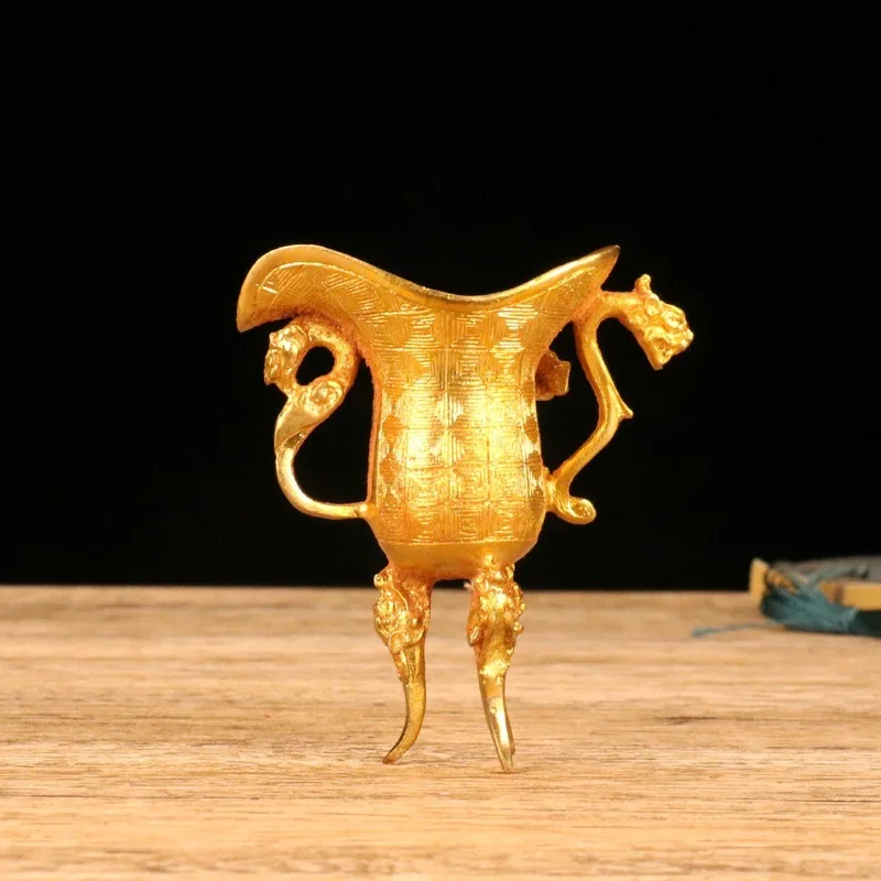 Antique alloy gilt Pixiu dragon-footed three-legged cup ornament, ancient wine cup, golden goblet, home decor craft