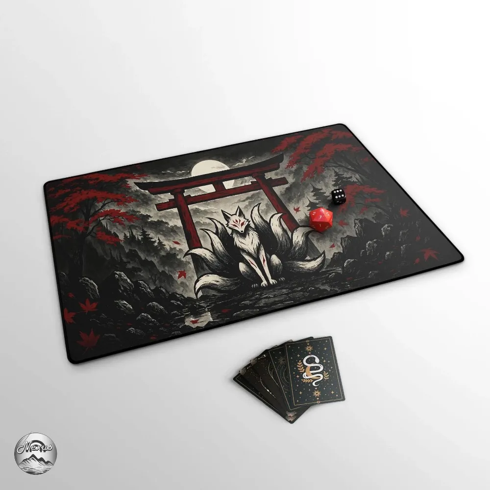 TCG Playmat: White Fox Spirit & Moon, Cool Kitsune TCG Mat With EDH Card Zones, New Player Gift For Fox Themed Deck, Cool Yokai