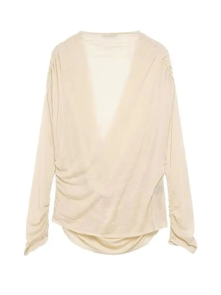 HH 夏 女性 エレガント スイングカラー 無地 シック カジュアル スリム ブラウス トップス レディース ファッション プリーツ装飾 長袖 ショート丈トップス