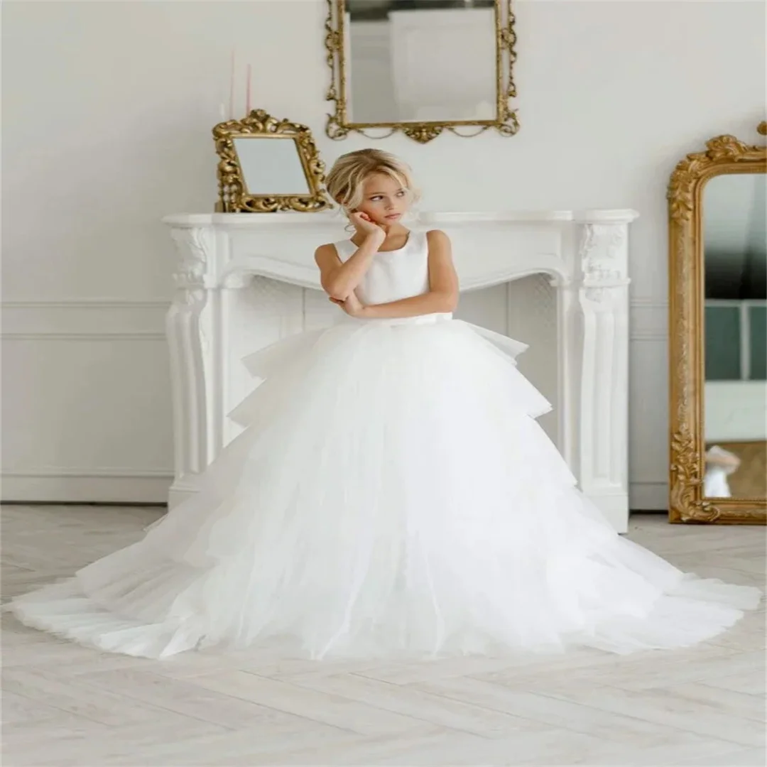 Customized Flower Girl Dresses White Satin Polka Dot Skirt With Gray Blue Bow Belt Half Sleeve For Wedding Birthday Party Prince