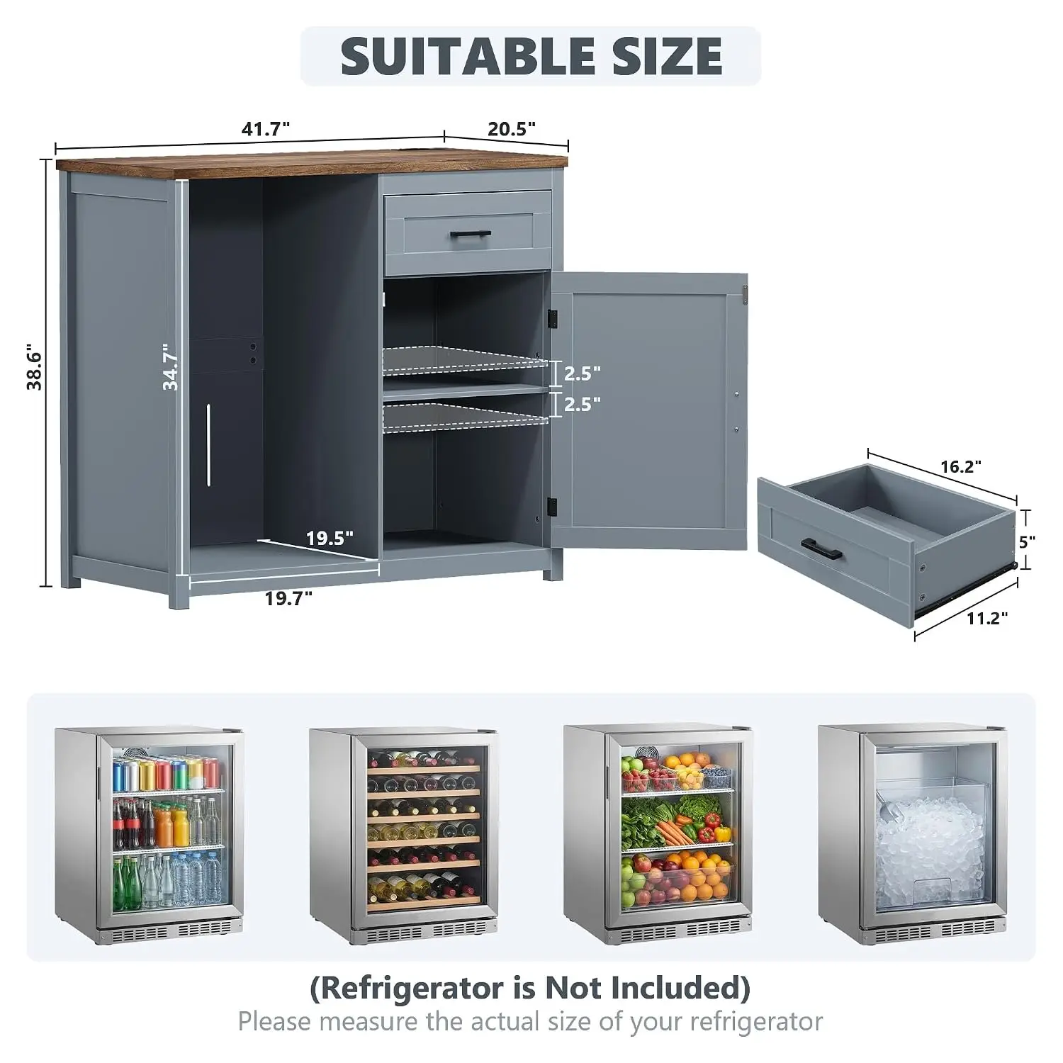Coffee Bar Cabinet With Mini Fridge Space & Power Outlet, Adjustable Shelf & Drawers, Home Entertaining, Customized