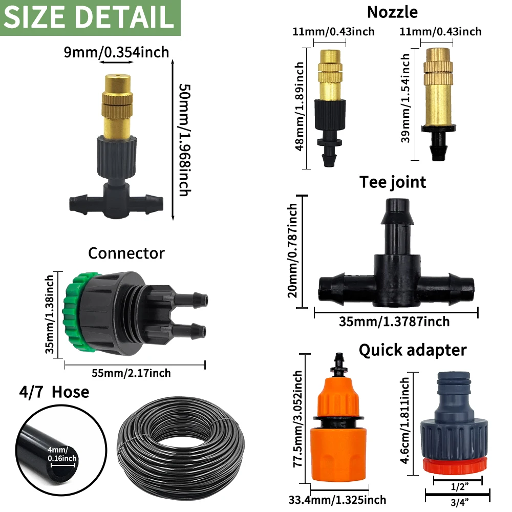 Outdoor Cooling Irrigation System 5M to 30M Garden Brass Misting Nozzle Kit with 4/7mm Hose for Greenhouse Plant Pots Efficient
