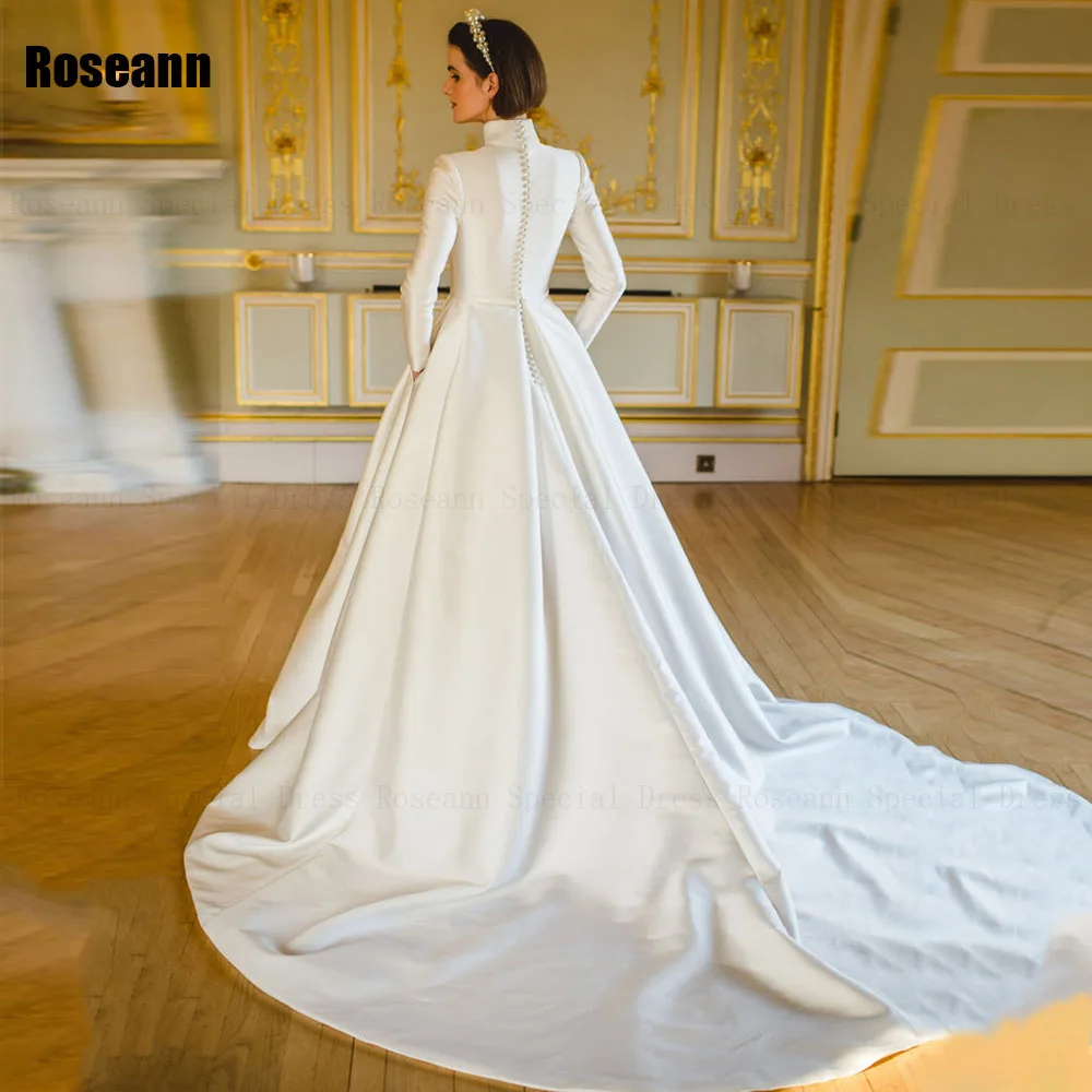 Muslim Exquisite A-line Wedding Dresses High Collar Belt Draped Pleat Brush Train Satin Bride Gown Floor Length robe de mariée