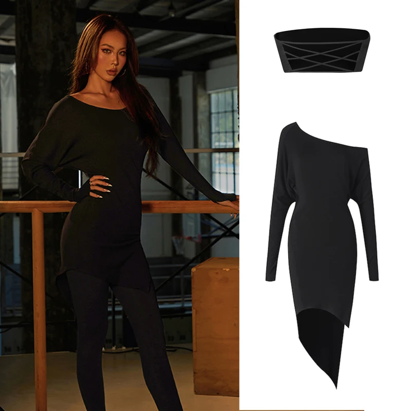 

Женское платье для латиноамериканских танцев ZYM с наклонными плечами, черное, с длинными рукавами, для соревнований по бальным танцам, костюм для выступлений SL14194