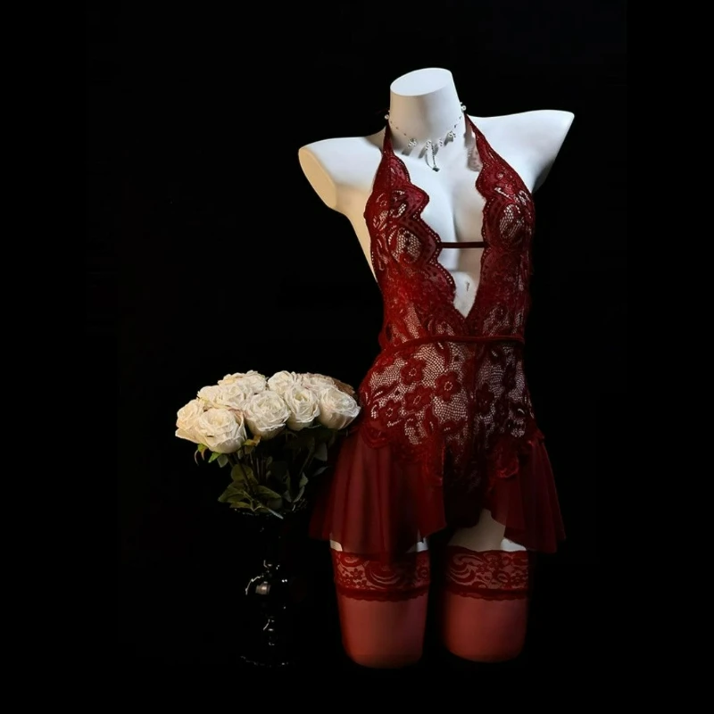 

New Fashionable Sexy Lace Pure Sensual Mature Woman Seductive Deep V-neck See-through One-piece Mesh Dress for Women 2026 Summer