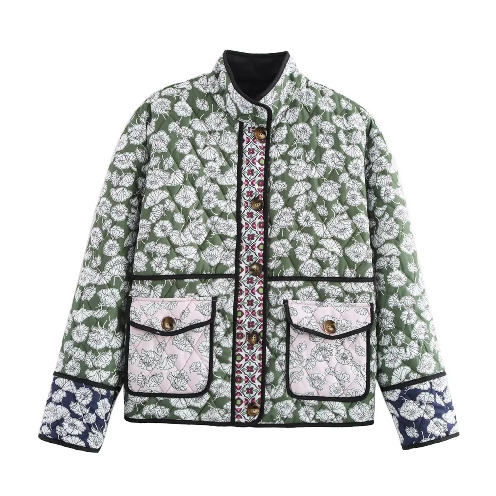 UNIZERA Autumn New Product Women\'s Retro Small Floral Thin Cotton Jacket Lightweight Stand up Collar Loose Cotton Jacket