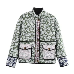 UNIZERA Autumn New Product Women's Retro Small Floral Thin Cotton Jacket Lightweight Stand up Collar Loose Cotton Jacket