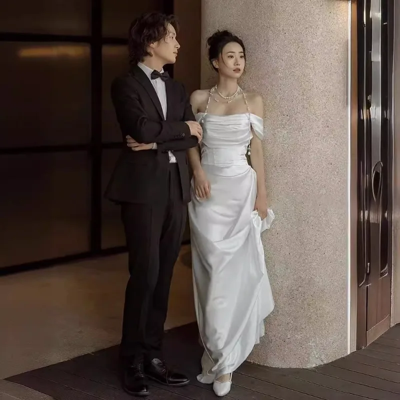 GIYSILE Customized Simple White Fragrant Wind Light Wedding Dress 2025 New One-shoulder Satin High Sense Shoulder Short Sleeves