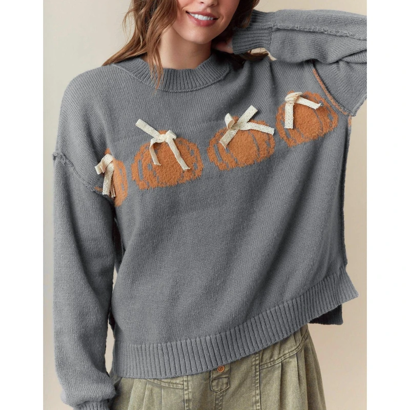 Combhasaki Donna Halloween Maglioni lavorati a maglia Manica lunga a costine Girocollo Fiocco Decor Zucca sfocata Maglieria Pullover Maglioni caldi
