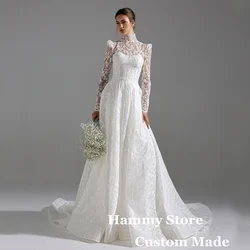 Charming High Neck Lace Wedding Dress Customized Illusion Buttons Sweep Train Custom Arabian Bridal Gown Robe De Mariee