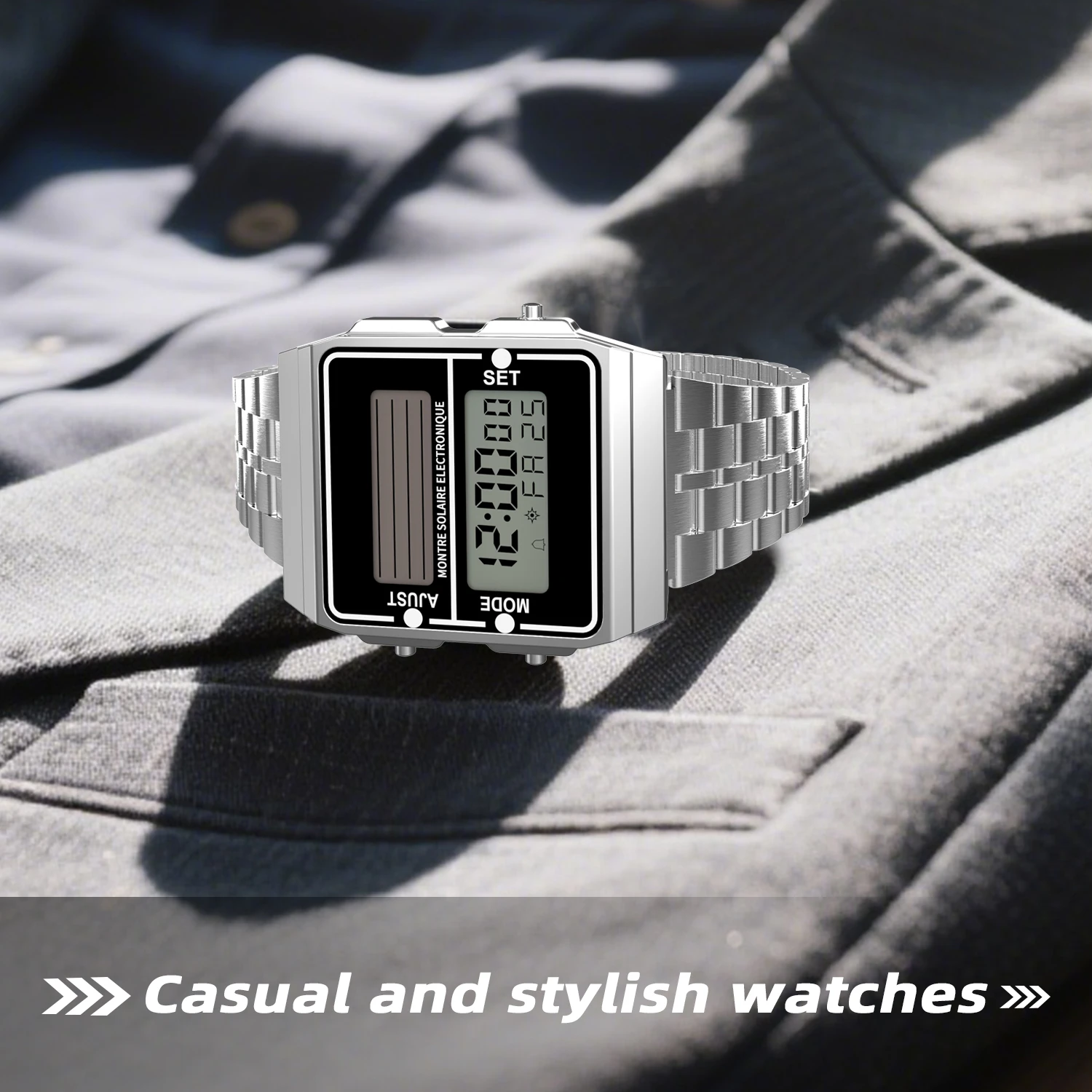 ساعة رقمية للرجال تعمل بالطاقة الشمسية كرونوغراف كرونوغراف بحزام من الفولاذ المقاوم للصدأ مقاومة للماء وساعات إلكترونية رياضية متعددة الوظائف