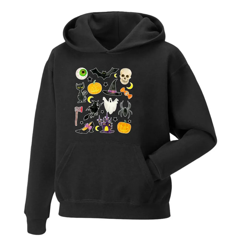 2026 Halloween Spooky Hoodie Icons Stickers Skull Cat Pumpkin Witch Unisex Pullover Graphic Sweatshirt Long Sleeve Autumn Winter
