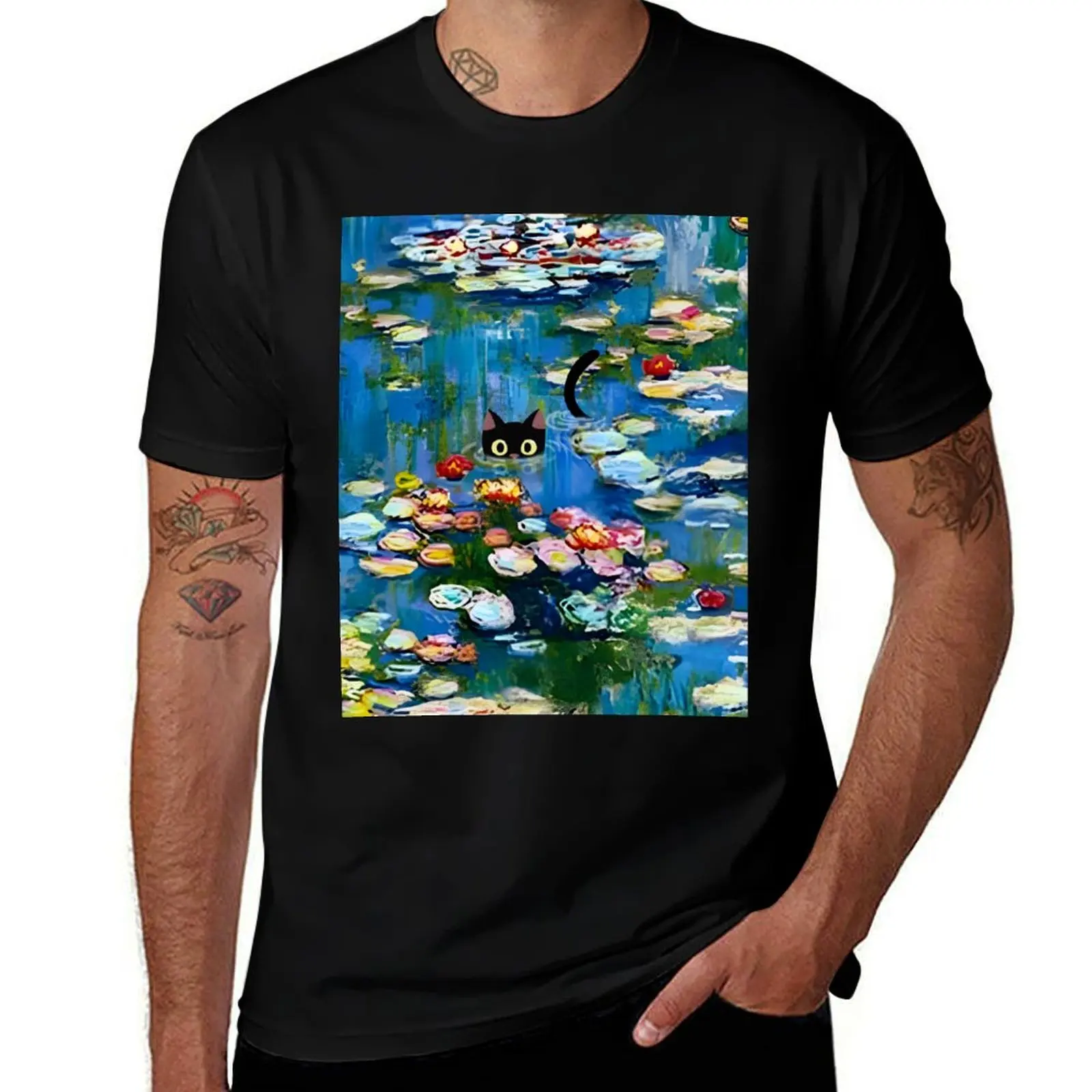 

Monet Water Lilies Monet Waterlily Cat Prints T-Shirt summer tops oversizeds tshirts personalised Men's t-shirt