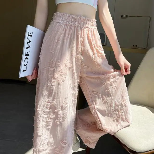 Rosa amerikanische Distressed-Hose mit weitem Bein für Damen, Sommerhose mit hoher Taille, drapiert, lockere Freizeithose mit geradem Bein