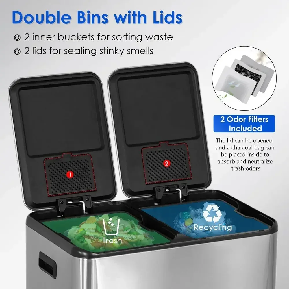 16 Gallon Dual Compartment Trash Can with Pedal, Stay-Open Lid, and Soft Close, Stainless Steel Recycling Bin, Silver