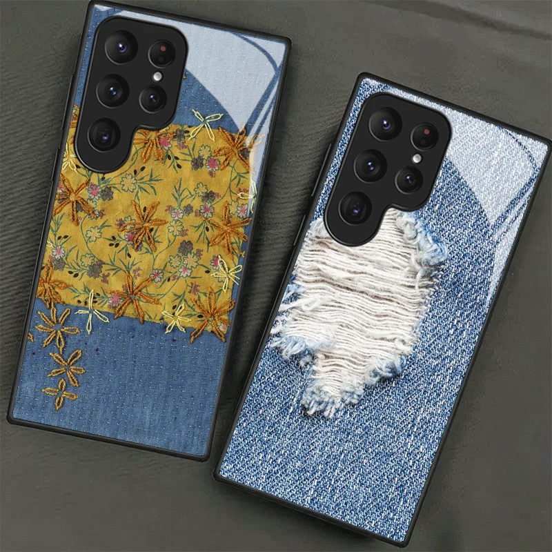 Retro Denim Pattern Tempered Glass Phone Case for Samsung Galaxy S24 S25 S26 Ultra Edge S23 FE S22 Plus S21 + S20 Shockproof Cov
