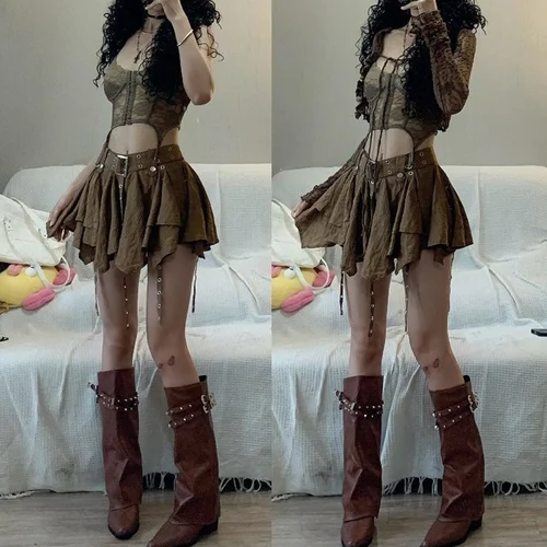 Imagen 2 del producto Conjunto de 3 piezas Vintage Harajuku para mujer, cárdigan corto + chaleco ajustado + falda de cintura alta Y2k E-Girl, traje de estilo coreano para chicas calientes