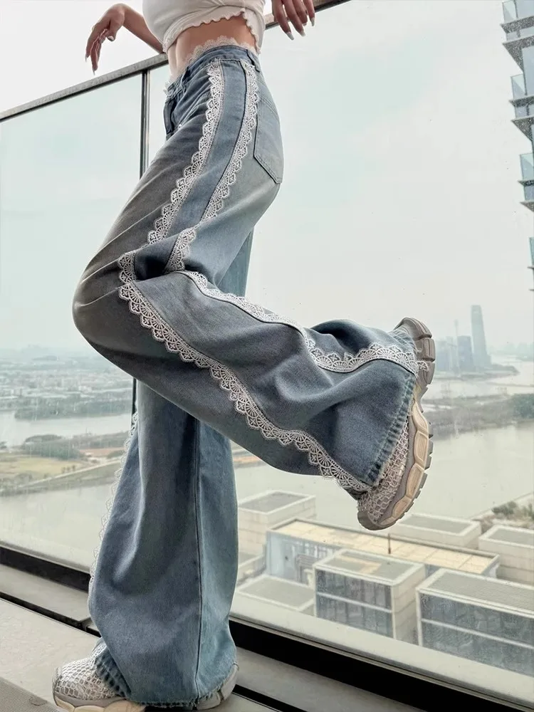 

Прямые джинсы с высокой талией, женские модные кружевные утягивающие джинсы, весна-осень, новые европейские товары Hotfire Beau