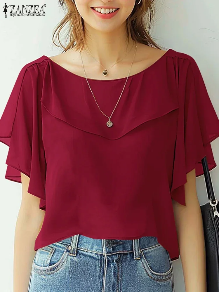 ZANZEA 2025 Estate Magliette e camicette Delle Donne di Modo Coreano Camicetta di Chiffon Elegante Manica Corta Solido Camicia Tunica Casual Allentato Volant Orlo Blusa