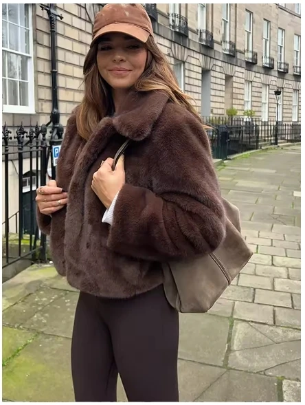 Moda feminina quente manga longa macio macio marrom laple pele do falso casaco curto jaqueta de pelúcia feminino inverno ao ar livre alta streetwear