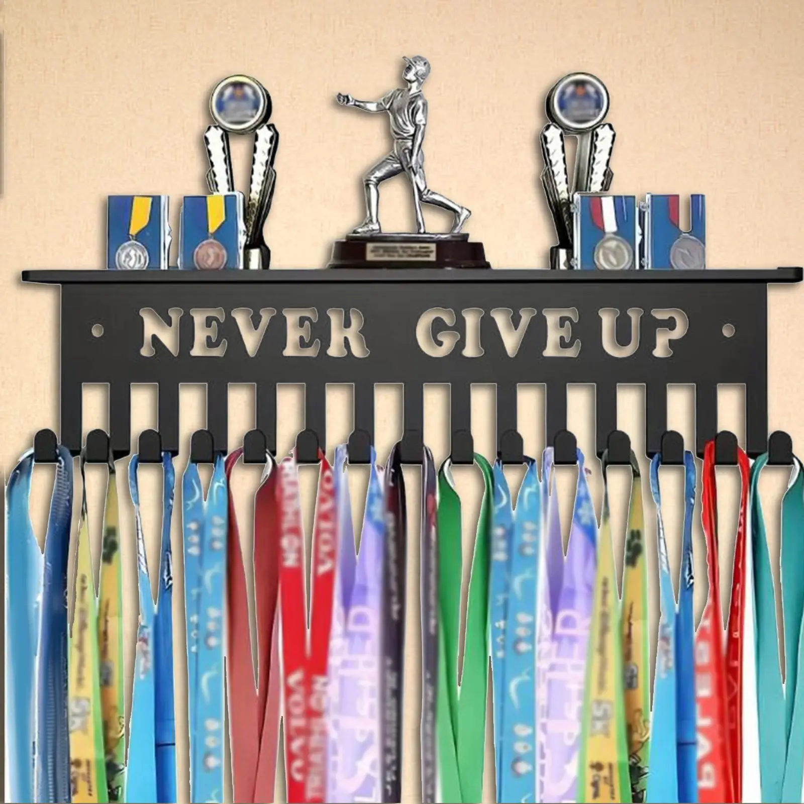 Medal Hanger Organizer Never Give Up Easy to Install Wall Mount Trophy Shelf