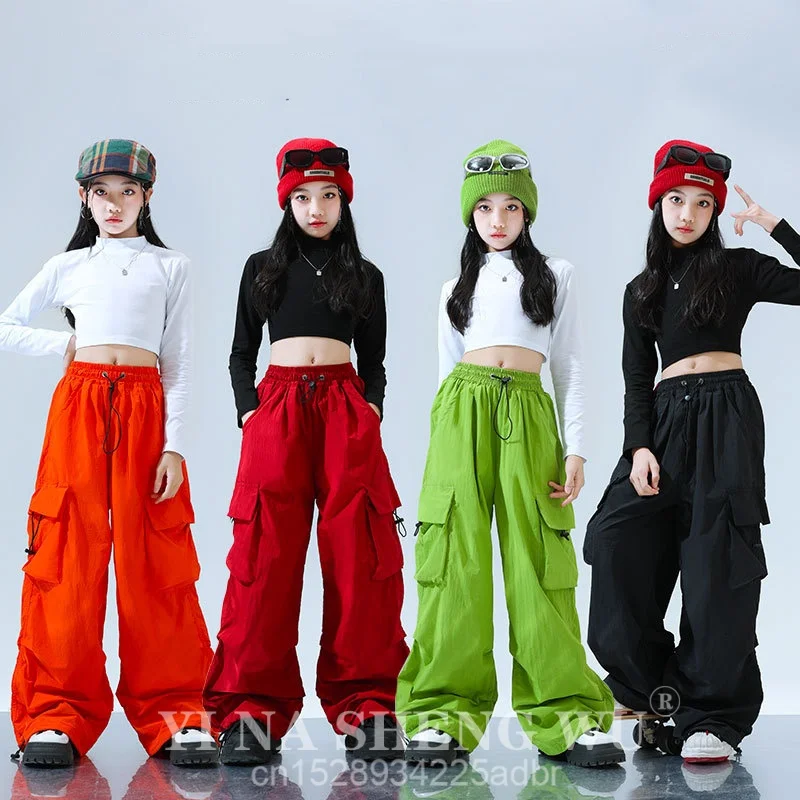 

Одежда для джазовых танцев для девочек Kpop, детская одежда для сцены в стиле хип-хоп, костюм для выступлений, черная футболка, красные брюки-карго, рабочие брюки