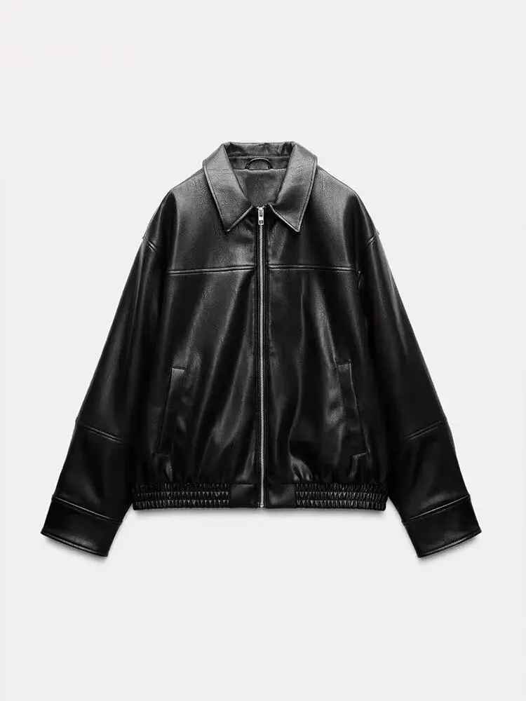 Primavera 2025 Nuovo Retro Ecopelle Jaet Street Sle da donna Loose Fit Lungo Sve Chiusura con cerniera Cappotto pilota Capispalla alla moda