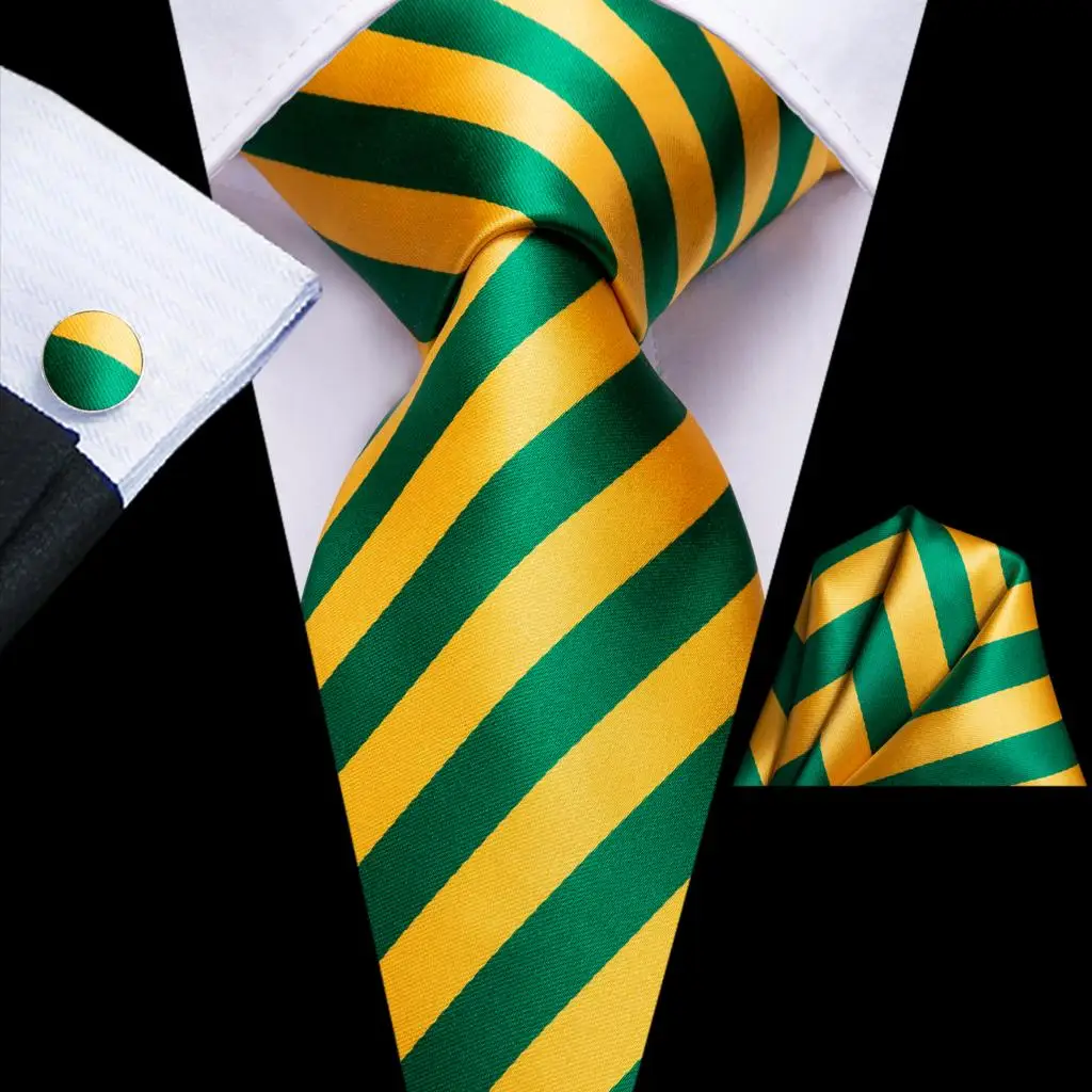 Hi-Tie Green Yellow Striped Silk Wedding Tie For Men Fashion Design Handky Cufflink Set For Men Necktie Business Party Dropship