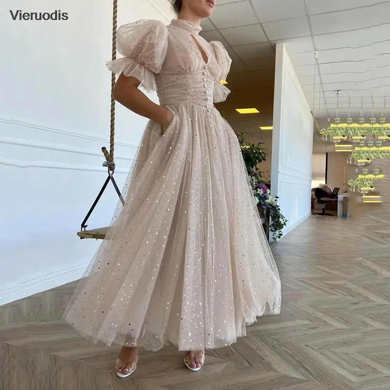

Light Pink Long Prom Dresses High Neck Puff Pleated Short Sleeves Stars sequined Celebrate Dress Elegant Arab Evening Dress