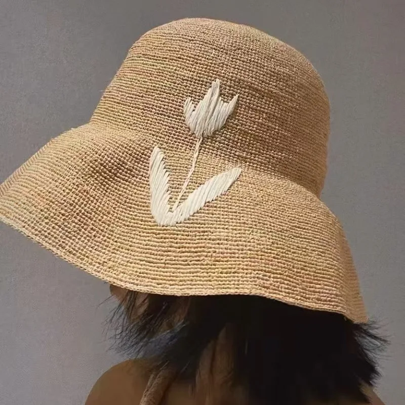 

Natural Raffia Hand-woven Sun Hat for Women Summer Sun Protection UV Wide Brim Beach Straw Hat Korean Designer Block Hat