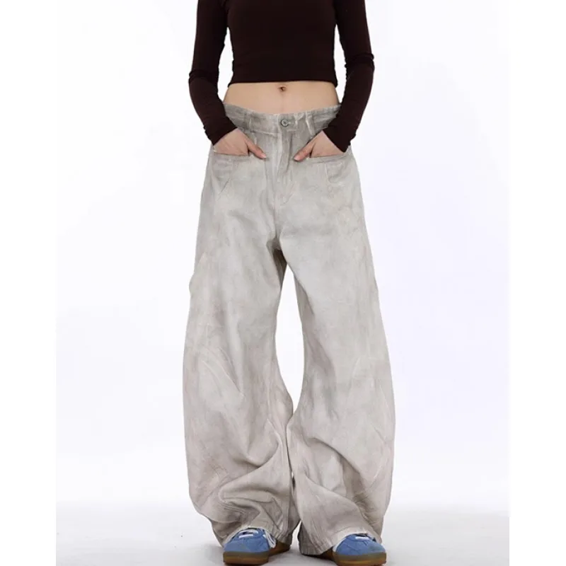 

Retro Heavy Industry Washed White Dirty Stained Deconstructed Bent Knife Jeans Men's Loose Wide Leg Pants