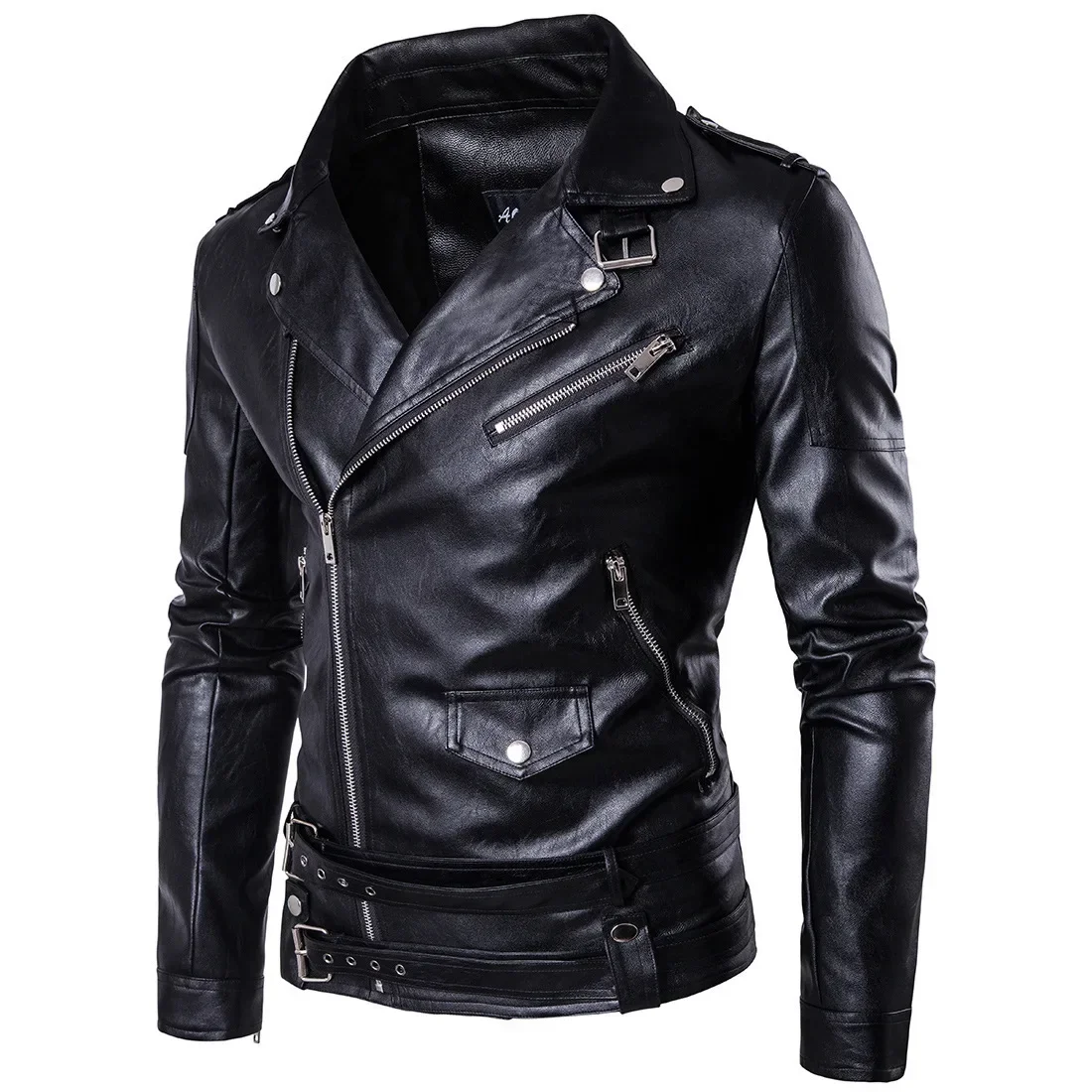 Men's Trend PU Leather Jacket Men Solid Color Leather Jacket Men's Leather Jacket British Fashion Motorcycle Slim Leather Jacket