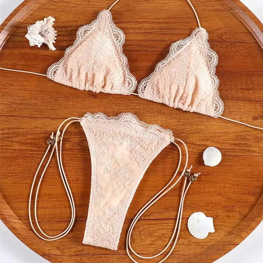 

Sweet Spicy Sexy Strappy Lace Bikini,low-waisted Lace-trimmed Slim Quick-drying Bikini Women's Two-piece Swimsuit For Vacation