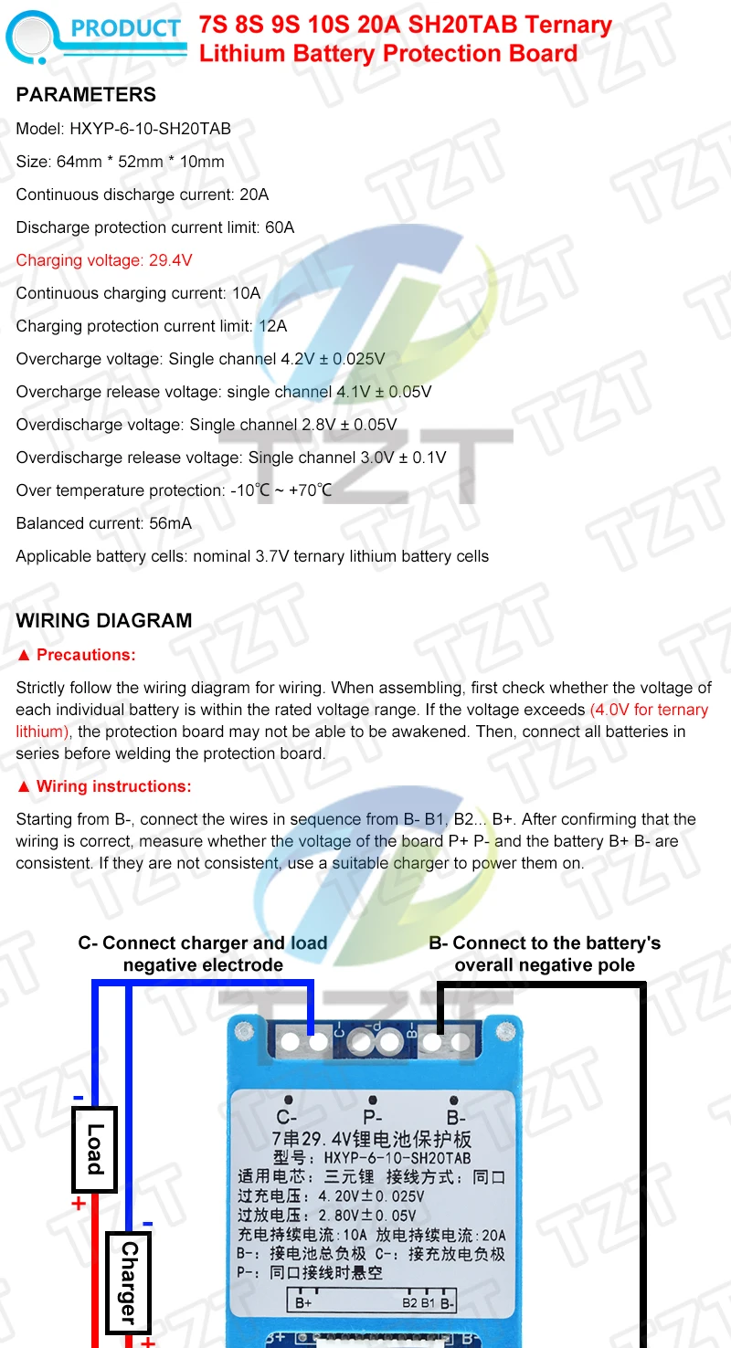 TZT 1/3 Stück 7S 8S 9S 10S 3,7V 20A BMS 29,4V/33,6V/37,8V/42V Li-Ionen Ternäre Lithium-Batterie-Schutzplatine mit Balancer/NTC – Detail 1