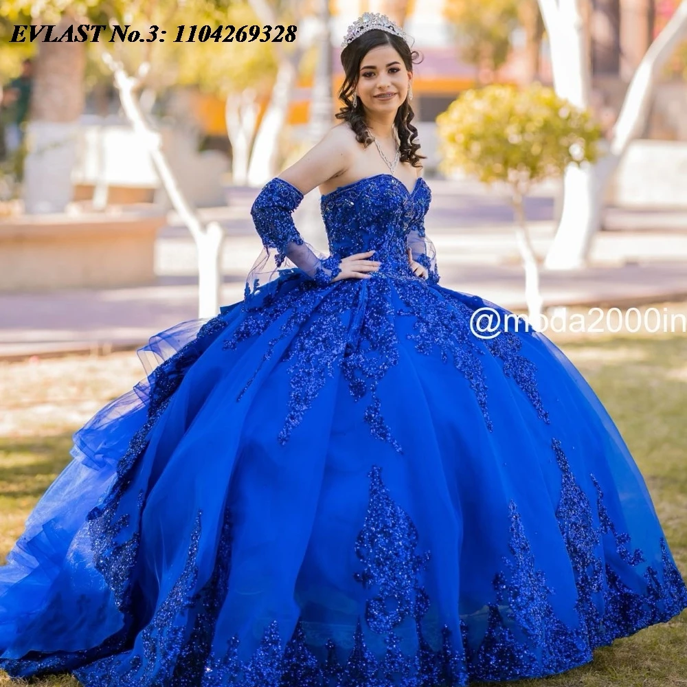 EVLAST Customized Royal Blue Quinceanera Dress Ball Gown Lace Applique Beaded Tiered Corset Sweet 16 Vestidos De 15 Anos E3Q86