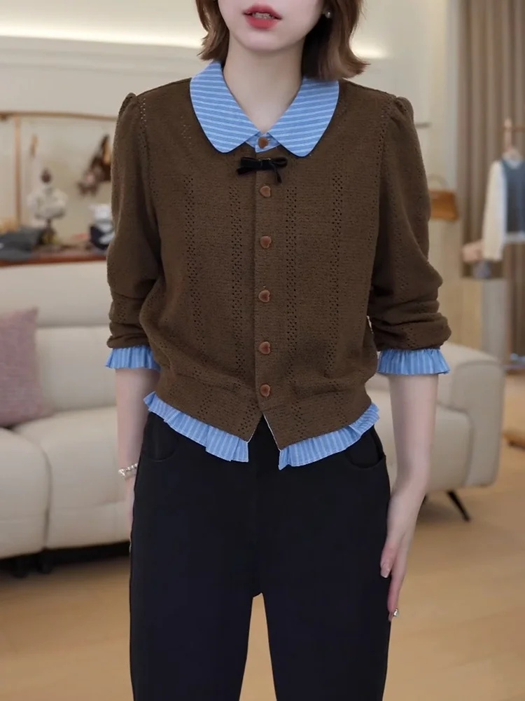 

Faionable вязаный воротник irt в стиле пэчворк, осенний новый универсальный повседневный ветрозащитный длинный женский топ све