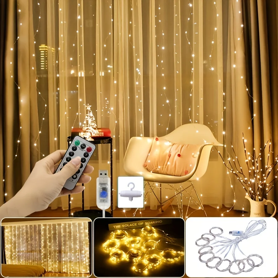 USB Curtain Light 8 Modes With Remote Curtain Copper Wire LED String Lights For Bedroom Window Chrismas Wedding Party Decoration