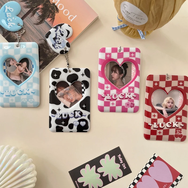 Kawaii Milk Cow Chessboard Kpop Photocard Holder Photo Protector Girl Backpack Pendant Idol Photo Sleeves School Stationery